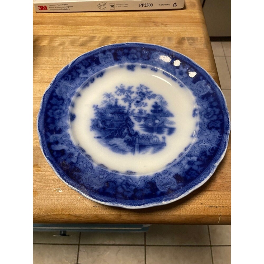 ANTIQUE FLOW BLUE WADE & CO SHANGHAI PATTERN STAFFORDSHIRE PLATE  9.75"